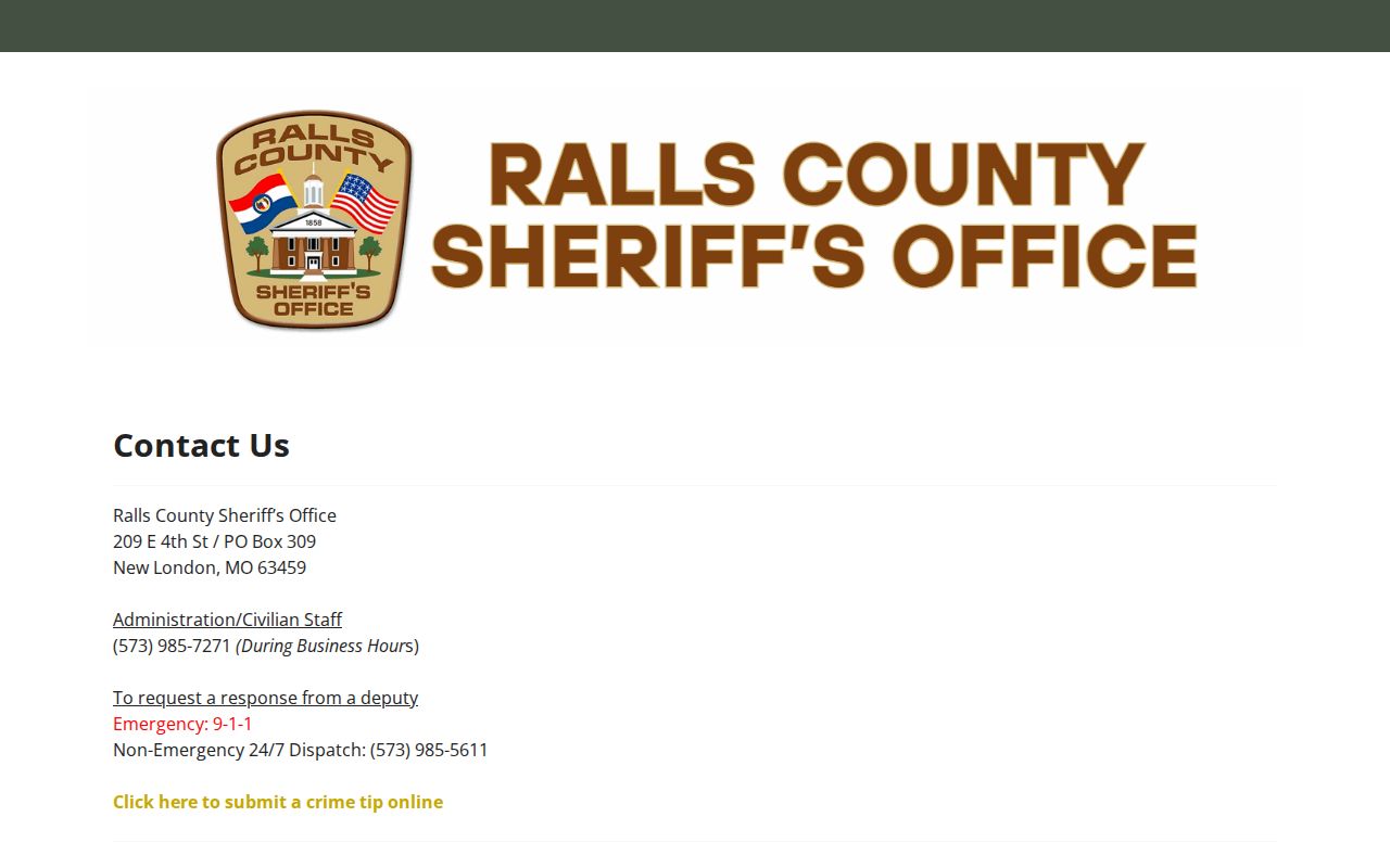 Ralls County Sheriff official administration and dispatch contacts